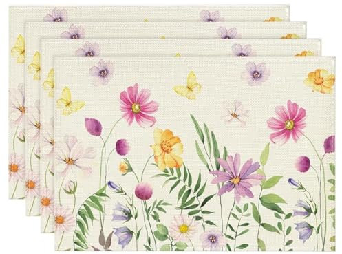 Wilde Blumen Platzsets, 4er Set Schmetterling Gänseblümchen Tischsets, Sommer Küche Tisch Dekoration, Urlaub Dekor Platzsets, Waschbar Platzdeckchen für Küche Drinnen Party, 30x45cm