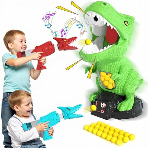 BLmukce Dinosaur Shooting Toys for Boys 2 3 4 5 6 7 Years Old, 2 Air Pump Launchers, Movable Target & 48 Foam Balls, Outdoor/Backyard Games with LED Score & Sound, Christmas/Birthday Gift for Toddlers