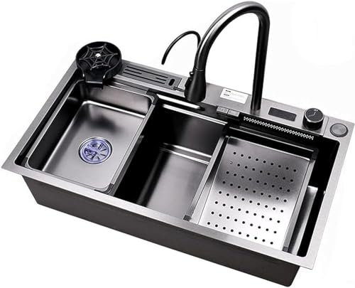 HUIBBGO Fregadero de Cocina en Cascada de Acero Inoxidable 304, Multifuncional, de un Solo Seno, bajo encimera, con Grifo extraíble y arandela presurizada.