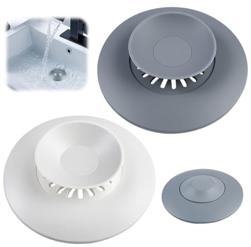 2 Stück Universal Abflussstopfen Silikon Mit Press, 11Cm Abflusssieb Silikon Mit Haarsieb Funktion, Rutschfestes Abflussstopfen Silikons Für Badewannen, Waschbecken, Küchenspülen (Grau Und Weiß)