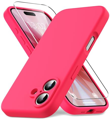 Vansdon Coque pour iPhone 17,Housse Silicone Liquide Mince, Rose Vif | Doublure Microfibre Anti-Rayures, 1x Film de Protection en Verre Trempé, Protection Antichoc