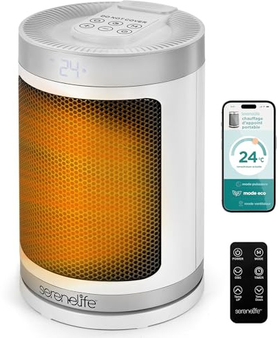 SereneLife Termoventilatore e Stufetta Elettrica da Bagno, 1500 Watt PTC Ceramico Wi-Fi Telecomando Timer, 12 h 15 x 15 x 24 cm per Casa Cameretta e Ufficio, Bianco SLSPCHTRW3WH