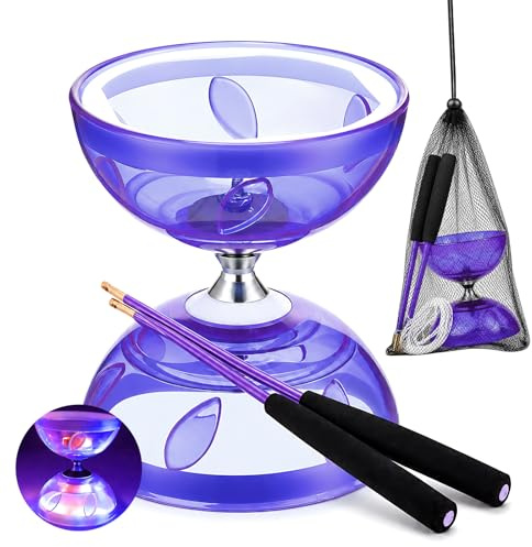 ZMCVOE Diabolo mit Kugellager, Led Diabolo Kugellager mit Professionellem Stick, Transparent Weichgummi DIABOLO Leuchtend, Jonglierspielzeug für Erwachsene, Profispieler und Anfänger (Lila)