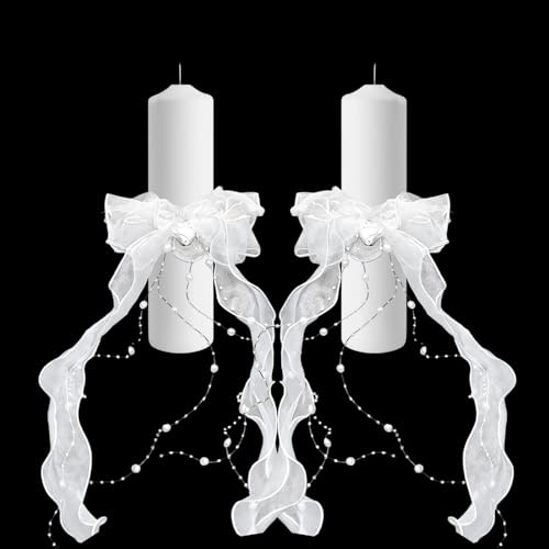 YOKJGHDO Tropfschutz Kommunionkerze 2 Stück, Taufkerze Mädchen Deko mit Organza und Perlen, Eleganter Haarschmuck Kommunion und Kerzenrock für Hochzeit, Weiß