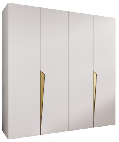 MEBLE KRYSPOL - Kleiderschrank - Garderobenschrank - 200 cm x 202 x 52 cm - Schrank mit Kleiderstange, 4 Türen - für Schlafzimmer, Flur - Piano, Weiß, Griff Gold
