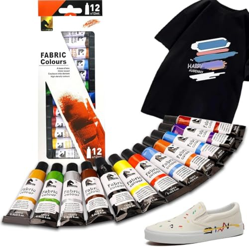 CFEWV 1 Set Colori Per Tessuti Permanenti, 12 Colores X 12 Ml – Pittura Acrilica Per Stoffa E Pelle Per Dipingere Magliette, Borse, Jeans, Scarpe, Vestiti, Cuoio - Buona Capacità Di Copertura