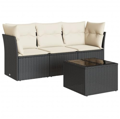 pokgdf 4-TLG. Garten Sofagarnitur mit Kissen Schwarz Poly Rattan - Modulare Gartenmöbel Set für Terrasse mit Polster - Bequeme Outdoor Sitzgruppe mit Polster - Garten Sofa Set