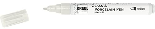 KREUL 16418 - Glass & Porcelain Pen Metallic medium, perlweiß, formstabile Rundspitze, Strichstärke ca. 2 - 4 mm, Porzellanmalstift mit brillanter, metallischer Farbe auf Wasserbasis, lösemittelfrei