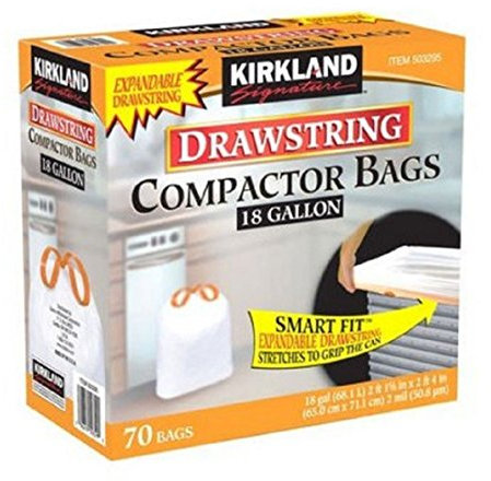 Kirkland Signature Compactor Bags 18 Gallon Smart Fit Gripping Drawstring 70 ct,Thickness: 2.0 mil,Dimensions: 25.625 x 28