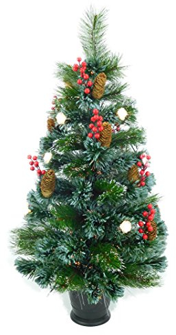 Christmas Concepts® 3ft (90cm) Pre Lit Frosted Fibre Optic Christmas Tree With Natural Cones & Red Berries With Warm White LED Rose Lights