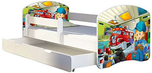 ACMA Kinderbett 160x80 Jugendbett mit Einer Schublade und Matratze, Rausfallschutz, Lattenrost Weiß, stabil, Kinderzimmer Bett, Jugendmöbel Design 45 Mechaniker