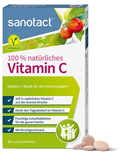 sanotact Vitamin C (30 Lutschtabletten) • Acerola Tabletten vegan • 100% natürliches Vitamin C für Kinder & Erwachsene • Hochdosiertes Vitamin C aus Acerola-Kirsche • Immunsystem stärken