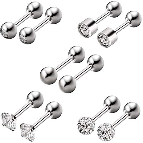 HO2NLE 5 Paare Edelstahl Ohrstecker Set Silber Ohrringe für Herren Damen Männer Creolen Stecker Ohrringe Diamant Ohrstecker Kreuz Klein Tropfen für Jungs Frauen