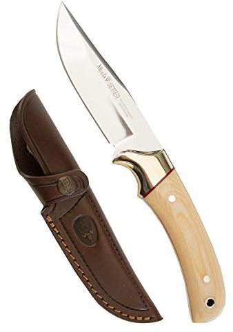 Muela Cuchillo SETTER-11B hoja de acero MoVa de 11 cm y empuñadura de micarta blanca para Caza, Pesca, Supervivencia y Bushcraft Realizado en Ciudad Real + Portabotellas de regalo