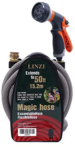 LINZI Expandable Garden Water Hose 15M 50FT Magic Hose Double Latex Inner Hose Flexible No Kink + Brass Connectors + 8 Function Spray Gun + Hose Holder