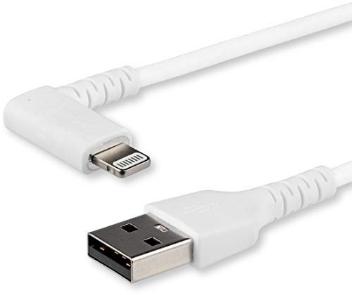 StarTech.com Câble USB-A vers Lightning Blanc Robuste 1m Coudé à 90° - Câble de Charge/Synchronisation USB Type A vers Lightning en Fibre Aramide Résistante - Apple MFi - iPhone (RUSBLTMM1MWR)
