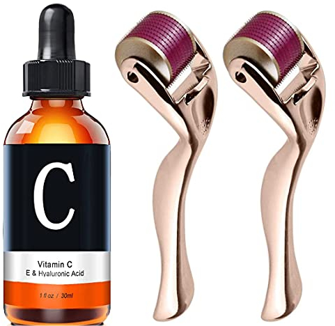 Xyemao Derma Roller 540 Titan-Mikronadeln, Hautpflege, 2 Stück (0,5 mm/1,0 mm) + Vitamin C Serum & Vitamin E mit Hyaluronsäure