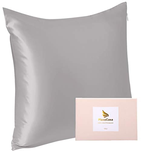 PiccoCasa Seide Kissenbezug 80x80 Kissenbezug aus 100% Seide 22 Momme kopfkissenbezug Haare und Hautpflege mit Reißverschluss & Geschenkbox Grau 80x80cm