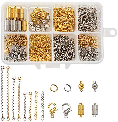 Craftdady Schmuck-Verschlüsse Set mit 40 Sets runden und röhrenförmigen Magnetverschlüssen, 40 Halsketten-Verlängerungsketten, 6 End-Ketten, 120 Biegeringe
