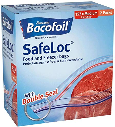 Bacofoil 3 x Safeloc, Medium, 152 Pk, White, Polyethylene, Snap Closure, Food Storage Bags