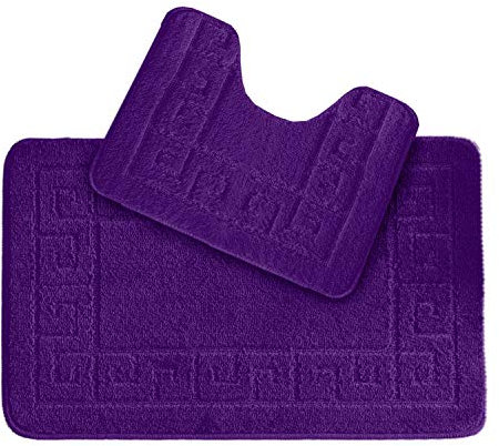 Lions Bathroom Mat Sets 2 Piece - Ultra Soft Greek Pattern Bath Toilet Bath Mat Anti Slip Pedestal Set, 100% Polypropylene, Water Absorbent, Machine Washable, Bathroom Accessory (Purple)