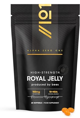 Raw Royal Jelly 9,000mg per Bag – Rich in 10-HDA – 150mg per Softgel – 60 Softgels – Naturally Produced by Bees – Resealable and Recyclable Pouch by Alpha01