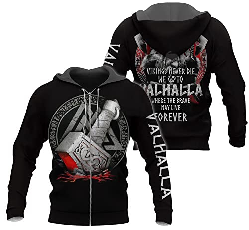 YOROOW-OUTDOOR Odin Thor Hammer Wikinger Tattoo Herren Sweatshirt, Walhalla Langarm Hoodie Lässige Pulloverjacke für Herbst,Zip Hoodie,M