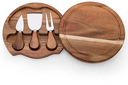 SAMFUNG Round Slide-Out Acacia Wood Cheese Board and 3 Piece Cheese Tool Set, 7.5 inch Diameter, Perfect Choice for Gifts