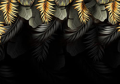 decomonkey Fototapete Blätter 350x256 cm Tapete Fototapeten Vlies Tapeten Vliestapete Wandtapete moderne Wand Wandbild Schlafzimmer Wohnzimmer Deko Palmen Laub Pflanzen Natur schwarz