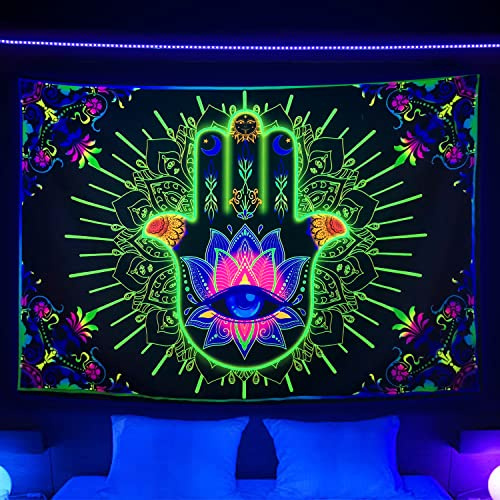 Spiritueller SchwarzlichtWandteppich UV reaktiv, Trippy Hamsa Hand Böse Blick Mandala Schwarzlicht Kunst Poster für Männer Zimmer Schlafzimmer, Psychedelic Bohemian Meditation Glow in the Dark