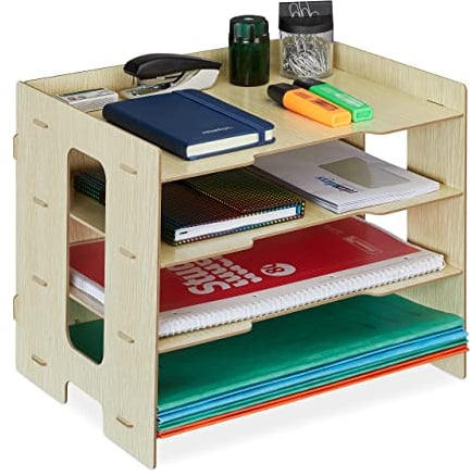 Relaxdays Briefablage, Büro Organizer MDF, A4 Papier, 3 Fächer, leichte Dokumentenablage HBT 27 x 32,5 x 25 cm, Natur