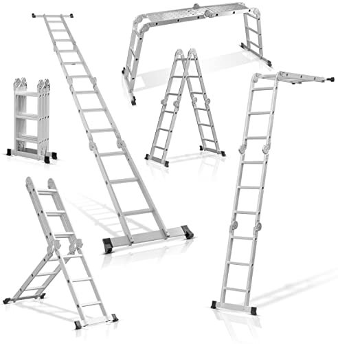 STAHLWERK Mehrzweckleiter ML-356 ST 150 kg Tragkraft, 3 in 1 Leitergerüst/Aluminium Klappleiter/Arbeitsgerüst/Arbeitsplattform/Gerüst mit rutschfesten Sprossen