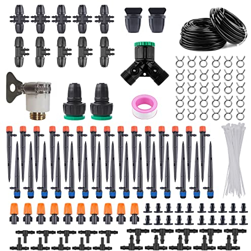 ILIKEPOW Drip Irrigation System 50ft+50ft Irrigation Pipe Automatic Micro Drip Irrigation Kit Self Watering System Adjustable Nozzle Sprinkler Sprayer Dripper for Flower Bed, Patio, Garden, Greenhouse