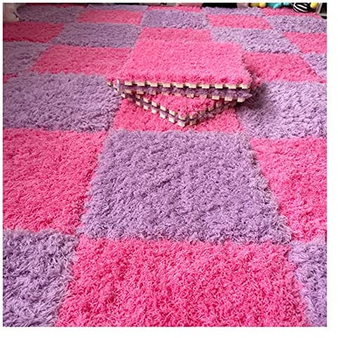 10 Pieces Interlocking Carpet Tiles, Soft Shaggy Plush Foam Mats, Fluffy Area Rugs, Anti-slip Carpet, Play Mat For Home Living Room Bedroom(Color:Red+Purple)