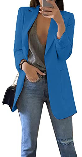 OMZIN Damen Casual Langarm Arbeit Bürojacke Einfarbig Slim Blazer Herbst Langer Blazer Dunkelblau XL