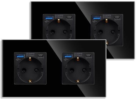 JIMEIDA 2 Pack Doppelsteckdose mit USB in Schwarz, 16Amp Glas Schuko Steckdosen mit Schnelles Laden USB Anschluss und Typ C Port max.3.1A,157 * 86mm, 250V, 2 Fach
