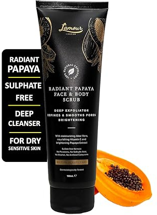 L'amour London Radiant Papaya Face & Body Polish scrub Vegan Paraben & Sulphate-Free Exfoliating Deep Cleanser 150ml Dry skin kind gentle barrier care
