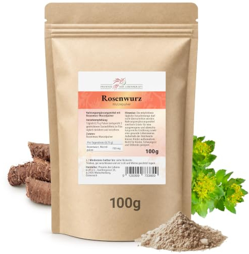 Rosenwurz Pulver, 100g | Rhodiola rosea Pulver von Phoenix der Lebenskraft | fein gemahlen | vegane Nahrungsergänzung | 750mg Tagesdosis