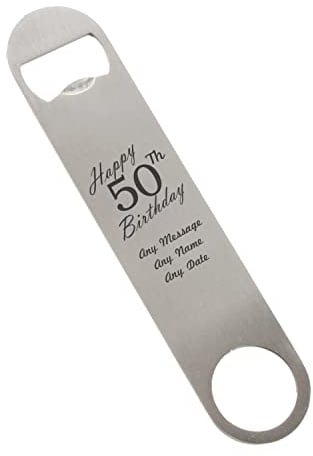 Personalised Engraved Large Stainless Steel Bar Blade, Durable Bottle Opener, Happy 50th Birthday Design, Birthday Gift, Gift for Him, Birthday, Home Bar Accessory, Engraved in The UK