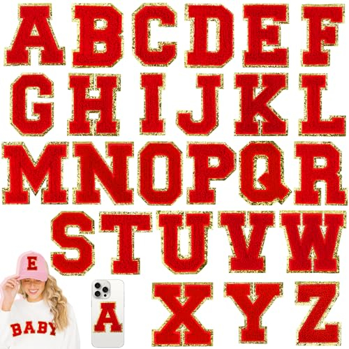 HEKOOLA 26 Pcs Large Red 3 Inch A-Z Chenille Letter Patches, Iron on Letters for Fabric and Clothing, Glitter Embroidery Varsity for Letterman Jacket, Backpacks Hats, Sew or Iron on