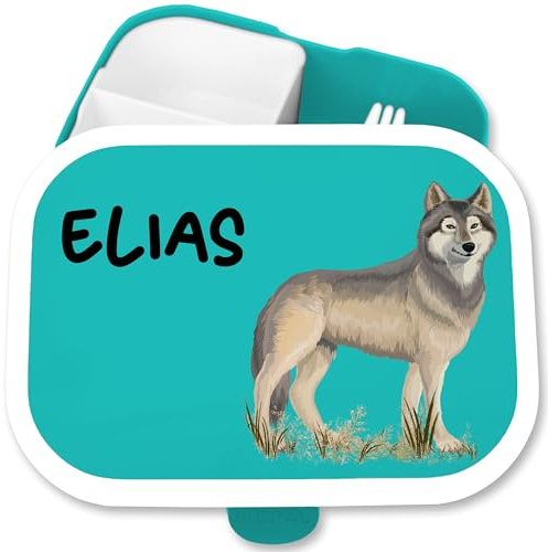 Brotdose Kinder Campus für Mepal - Wolf mit Name personalisiert I Wolfsmotiv Geschenk Wölfe - 750 ml - Türkis - fächern brotzeitbox lunchbox brotbox auslaufsichere