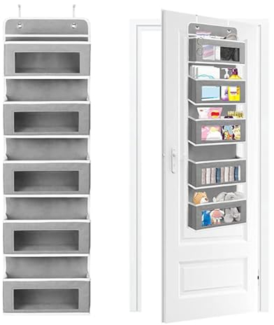Yagosodee Over Door Storage Hanging Organiser, 5 Pockets Soft Fabric Foldable Behind The Door Hanging Storage Organizer with Clear Window for Toys, Magazine, Purses, Keys, Sunglasses, Hat (Grey)