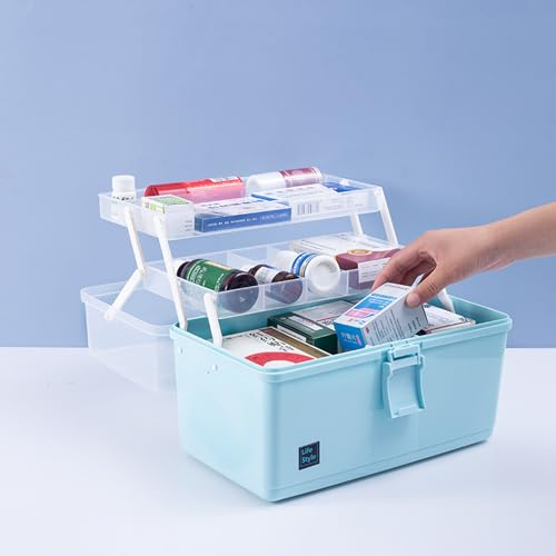 FWEEK Bastelkoffer Leer, Medikamenten Aufbewahrung, 3-Regal Mehrzweck-Aufbewahrungsbox, 33 cm Aufbewahrungsbox Medikamente, Toolbox mit Griffen, Bastelbox für zu Hause, Blau