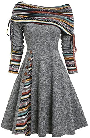 Weihnachten Boho Kleid Damen Knielang Kashmir Schulterfrei Carmen Kleid Damen Vintage Kleider Elegant mit Knopfleiste Winterkleid Damen A Linie Langarm Muster Herbstkleid Damen Casual