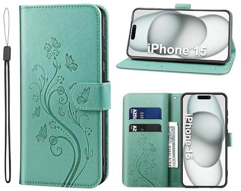 KRAFTCARE Handyhülle für iPhone 15 Hülle, für iPhone 15 Hülle mit Kartenfach Geld Slot Ständer Magnetic Closure, Flip Case Leder Schutzhülle Tasche Handyhülle für iPhone 15 Hülle, Grün