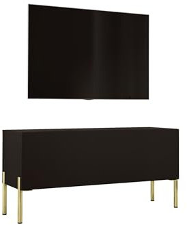 Meuble TV Bas Moderne - Noir Mat/Noir Brillant/Pieds Dorés - 100x52x32 cm