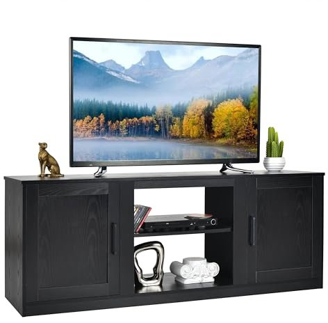 Multigot TV Stand Cabinet for TVs up to 65”, Wooden TV Unit Console Table with 2 Doors & Adjustable Shelves, Media Entertainment Center 18 Fireplace Stand for Living Room, Bedroom (Black)