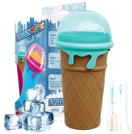 Gobelet Slushy Maker - 500 ml - En silicone - Avec paille et cuillère 2 en 1 - Double couche - Cadeau (café)