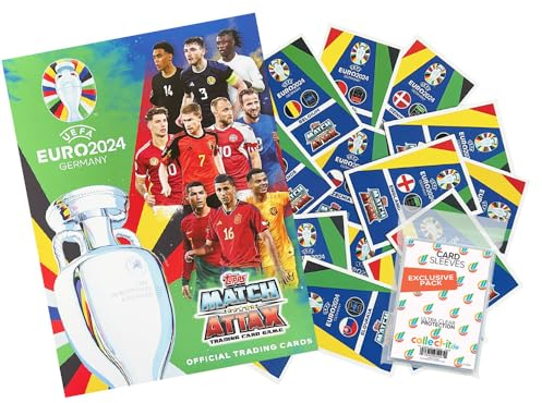 Bundle mit Match Attax UEFA Euro 2024 Germany - Mannschaftspaket + Exklusive Collect-it Hüllen (1 Leere Sammelmappe + 100 Verschiedene, zufällige Karten)