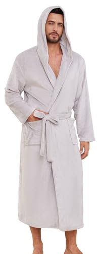 EK4YDNDS Herren-Bademantel aus Fleece, leicht, weich, warm, Fleece, für Dusche, Spa, langer Bademantel mit Taschen, Hellgrau, XXL/3XL
